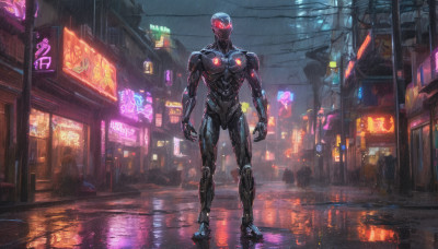 solo, red eyes, 1boy, standing, full body, male focus, outdoors, armor, night, glowing, helmet, robot, building, glowing eyes, reflection, science fiction, rain, city, realistic, road, street, cyberpunk, neon lights