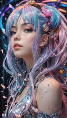 1girl,solo,long hair,breasts,looking at viewer,bangs,blue eyes,hair ornament,cleavage,bare shoulders,jewelry,medium breasts,blue hair,upper body,pink hair,multicolored hair,hairband,parted lips,teeth,black eyes,two-tone hair,lips,grey eyes,petals,eyelashes,gradient hair,makeup,eyeshadow,realistic,nose,mascara,from side,gem,portrait,science fiction