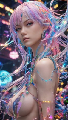 1girl,solo,long hair,breasts,looking at viewer,bangs,blue eyes,bare shoulders,jewelry,medium breasts,blue hair,upper body,pink hair,multicolored hair,earrings,parted lips,blurry,from side,lips,grey eyes,sideboob,blurry background,revealing clothes,armlet,science fiction,realistic,android,cyborg,cyberpunk,closed mouth,necklace,eyelashes,expressionless,nose