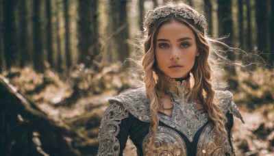 1girl,solo,long hair,looking at viewer,blue eyes,blonde hair,brown hair,jewelry,upper body,necklace,armor,blurry,lips,depth of field,blurry background,wavy hair,shoulder armor,veil,snow,freckles,curly hair,pauldrons,breastplate,realistic,fantasy,closed mouth,outdoors,tree,portrait,nature,forest,nose