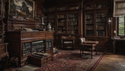 indoors,tree,cup,book,no humans,window,chair,table,plant,scenery,desk,wooden floor,bookshelf,lamp,candle,shelf,book stack,ladder,carpet,rug,globe,fireplace,day,sunlight,picture frame,painting (object),drawer,candlestand,chandelier