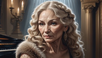 1girl,solo,long hair,looking at viewer,blue eyes,blonde hair,jewelry,collarbone,braid,white hair,earrings,artist name,lips,grey eyes,fur trim,wavy hair,scar,portrait,realistic,nose,candle,old woman,indoors,eyelashes,makeup,instrument,curly hair,old,piano,candlestand,wrinkled skin