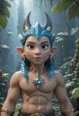 solo,long hair,looking at viewer,smile,blue eyes,1boy,navel,brown eyes,jewelry,closed mouth,nipples,blue hair,upper body,braid,male focus,earrings,outdoors,horns,day,pointy ears,necklace,blurry,bracelet,tree,muscular,blurry background,leaf,abs,thick eyebrows,pectorals,plant,nature,forest,freckles,toned,topless male,bangs,belt,artist name,stomach,twin braids,muscular male,realistic