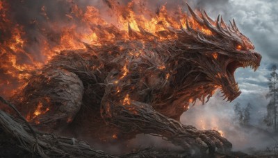 open mouth,outdoors,sky,teeth,cloud,signature,tree,orange eyes,no humans,glowing,fangs,cloudy sky,fire,sharp teeth,nature,scenery,glowing eyes,forest,smoke,monster,dragon,scales,kaijuu,solo,fantasy