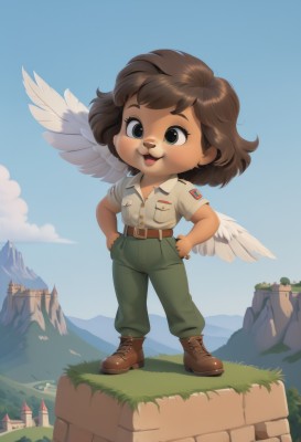 1girl,solo,smile,short hair,open mouth,brown hair,shirt,brown eyes,standing,full body,white shirt,short sleeves,boots,outdoors,wings,sky,day,collared shirt,belt,pants,cloud,chibi,uniform,black eyes,blue sky,military,military uniform,:3,brown footwear,grass,building,feathered wings,furry,pocket,hands on hips,angel wings,mountain,furry female,white wings,brown belt,breast pocket,castle,green pants,cliff,teeth,artist name,signature