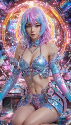 1girl,solo,long hair,breasts,looking at viewer,bangs,blue eyes,gloves,navel,cleavage,bare shoulders,jewelry,medium breasts,sitting,blue hair,pink hair,multicolored hair,detached sleeves,shorts,elbow gloves,midriff,medium hair,necklace,stomach,two-tone hair,lips,watermark,web address,realistic,swimsuit,bikini,bra,short shorts,bikini top only