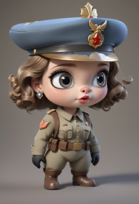 1girl,solo,short hair,brown hair,gloves,long sleeves,hat,brown eyes,jewelry,closed mouth,standing,jacket,full body,earrings,boots,black gloves,belt,pants,medium hair,grey background,chibi,uniform,lips,grey eyes,military,military uniform,makeup,shadow,brown footwear,peaked cap,buckle,blue headwear,freckles,curly hair,pocket,pouch,military hat,belt buckle,red lips,brown belt,breast pocket,simple background,eyelashes,nose,military jacket