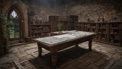 indoors,book,no humans,window,chair,table,plant,scenery,lantern,wooden floor,stairs,door,bookshelf,potted plant,lamp,candle,wall,brick wall,shelf,candlestand,fireplace,night,bottle,barrel,chandelier