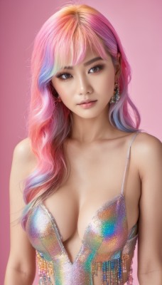 1girl,solo,long hair,breasts,looking at viewer,smile,bangs,simple background,cleavage,bare shoulders,brown eyes,jewelry,medium breasts,blue hair,collarbone,upper body,pink hair,multicolored hair,earrings,two-tone hair,lips,head tilt,makeup,pink background,breasts apart,realistic,rainbow hair,dress,artist name,gradient,eyelashes,gradient hair,watermark