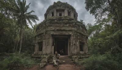 1girl,short hair,brown hair,1boy,sitting,weapon,male focus,boots,outdoors,sky,cloud,tree,bird,animal,cloudy sky,grass,plant,building,nature,scenery,forest,ruins,house,overgrown,multiple boys,2boys,sandals,palm tree