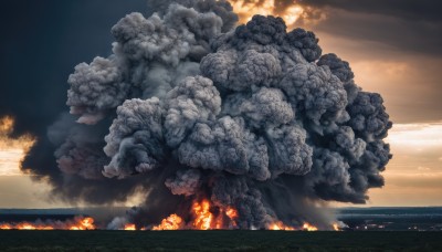 outdoors,sky,cloud,water,no humans,ocean,cloudy sky,fire,building,scenery,smoke,sunset,city,horizon,explosion,burning,night,molten rock