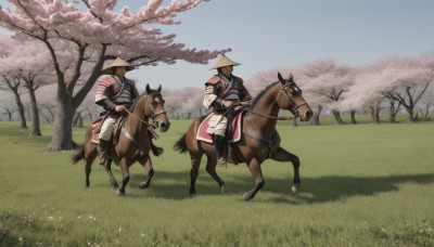 1boy,hat,male focus,outdoors,multiple boys,sky,day,2boys,armor,tree,blue sky,animal,helmet,grass,cherry blossoms,scenery,riding,japanese armor,horse,horseback riding,reins,saddle,brown hair,long sleeves,holding,weapon,japanese clothes,sword,holding weapon,bandages,katana,sheath,sheathed,field,samurai,spring (season)