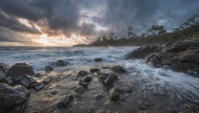 outdoors,sky,day,cloud,water,tree,military,no humans,ocean,beach,sunlight,cloudy sky,scenery,rock,horizon,military vehicle,watercraft,ship,waves,shore,signature,nature