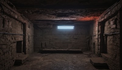 indoors,no humans,building,scenery,science fiction,stairs,light,dark,ruins,industrial pipe,outdoors,window,glowing,door,wall,brick wall