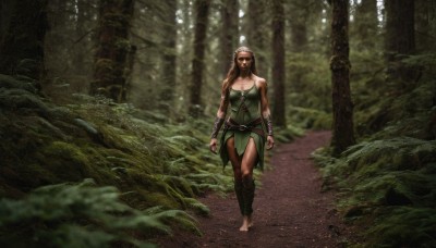 1girl,solo,long hair,breasts,brown hair,dress,cleavage,bare shoulders,medium breasts,outdoors,barefoot,pointy ears,belt,blurry,tree,muscular,sunlight,elf,nature,scenery,clenched hands,forest,walking,realistic,arms at sides,dirty,ankle wrap,dirty feet,large breasts,jewelry,weapon,tattoo,mask,vambraces,leg warmers