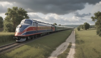 outdoors,sky,day,cloud,tree,no humans,cloudy sky,grass,ground vehicle,nature,scenery,motor vehicle,forest,car,road,vehicle focus,train,railroad tracks,ocean,horizon,field