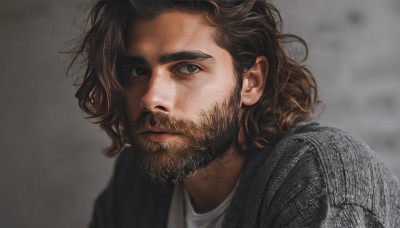 solo,looking at viewer,short hair,brown hair,shirt,1boy,brown eyes,closed mouth,jacket,white shirt,upper body,male focus,medium hair,armor,blurry,looking to the side,blurry background,facial hair,thick eyebrows,portrait,beard,mature male,realistic,mustache,chainmail,grey background,lips