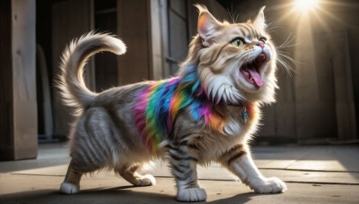 HQ,solo,open mouth,jewelry,green eyes,full body,tongue,indoors,tongue out,blurry,no humans,shadow,animal,fangs,sunlight,cat,realistic,door,animal focus,white fur,standing,necklace