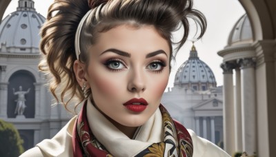 1girl,solo,looking at viewer,brown hair,jewelry,ponytail,hairband,earrings,outdoors,parted lips,blurry,lips,grey eyes,eyelashes,makeup,blurry background,lipstick,portrait,curly hair,realistic,red lips,castle,black hair,building,eyeshadow,architecture,statue