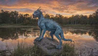 solo,red eyes,standing,tail,outdoors,horns,sky,teeth,cloud,water,tree,no humans,cloudy sky,grass,sharp teeth,nature,scenery,claws,forest,reflection,sunset,monster,rock,dragon,scales,river,signature