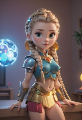 1girl,solo,long hair,breasts,looking at viewer,blush,smile,skirt,blonde hair,hair ornament,navel,jewelry,medium breasts,very long hair,underwear,green eyes,standing,panties,braid,cowboy shot,hairband,earrings,small breasts,midriff,artist name,indoors,nail polish,armor,blurry,twin braids,covered nipples,lips,crop top,eyelashes,watermark,table,aged down,shoulder armor,web address,forehead,freckles,pauldrons,breastplate,nose,bracer,boobplate,blue eyes,shirt,closed mouth,pussy,miniskirt,groin,loli,no panties,blurry background,piercing,blue shirt,contrapposto,yellow skirt