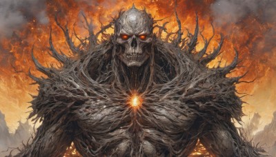 solo,looking at viewer,red eyes,1boy,upper body,male focus,teeth,no humans,glowing,fire,glowing eyes,1other,skull,monster,giant,ribs,skeleton,embers,burning,spikes,smoke,molten rock