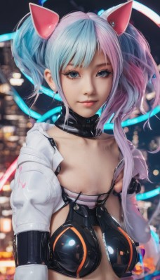 1girl,solo,long hair,breasts,looking at viewer,bangs,blue eyes,animal ears,twintails,jewelry,closed mouth,blue hair,collarbone,jacket,upper body,pink hair,multicolored hair,earrings,small breasts,open clothes,cat ears,blurry,two-tone hair,open jacket,lips,eyelashes,makeup,blurry background,realistic,cyborg,cyberpunk,smile,hair ornament,cleavage,white hair,artist name,gradient hair,depth of field,fake animal ears,science fiction,nose,split-color hair