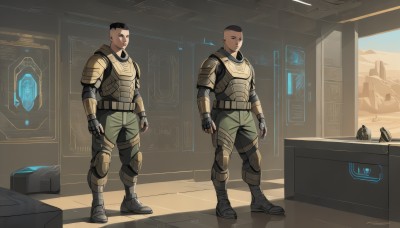 short hair,brown hair,black hair,gloves,standing,male focus,boots,multiple boys,pants,indoors,dark skin,2boys,fingerless gloves,armor,uniform,military,military uniform,facial hair,dark-skinned male,shoulder armor,science fiction,very short hair,undercut,buzz cut,open mouth,full body,artist name,signature,black eyes,green pants,pilot,hologram