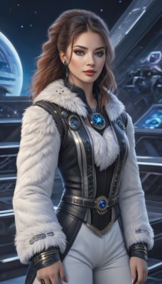 1girl,solo,long hair,breasts,looking at viewer,brown hair,long sleeves,brown eyes,jewelry,standing,cowboy shot,earrings,belt,pants,vest,lips,coat,grey eyes,fur trim,makeup,wavy hair,ring,lipstick,brooch,gem,star (sky),science fiction,realistic,white pants,nose,arms at sides,red lips,space,planet,ponytail,artist name,necklace,nail polish,forehead,eyeshadow,fur collar,curly hair