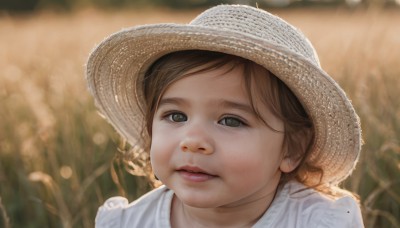 1girl,solo,looking at viewer,short hair,bangs,brown hair,shirt,hat,brown eyes,closed mouth,white shirt,outdoors,parted lips,blurry,black eyes,lips,depth of field,blurry background,child,portrait,freckles,sun hat,realistic,straw hat,female child,field,green eyes,grass,close-up,nose