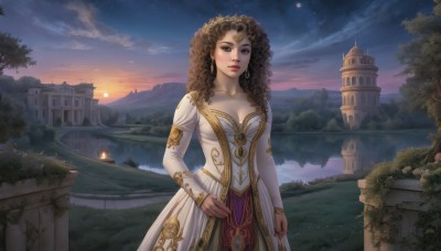 1girl,solo,long hair,breasts,looking at viewer,brown hair,long sleeves,dress,cleavage,jewelry,medium breasts,standing,collarbone,earrings,outdoors,sky,cloud,water,white dress,black eyes,tree,lips,makeup,night,moon,tiara,lipstick,building,star (sky),nature,night sky,scenery,full moon,starry sky,curly hair,sunset,circlet,mountain,fantasy,red lips,castle,twilight,lake,princess,gown,brown eyes,grey eyes,watermark,grass,plant,sun