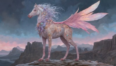 solo,long hair,blue eyes,standing,full body,outdoors,wings,horns,sky,cloud,from side,no humans,night,animal,cloudy sky,star (sky),scenery,single horn,mountain,fantasy,gradient sky,taur,unicorn,feathers,starry sky,horse,cliff