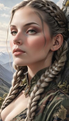 1girl,solo,long hair,breasts,looking at viewer,blonde hair,large breasts,brown hair,hair ornament,cleavage,jewelry,medium breasts,green eyes,upper body,braid,earrings,outdoors,parted lips,sky,day,cloud,necklace,twin braids,lips,grey eyes,eyelashes,makeup,looking up,portrait,hair over shoulder,forehead,freckles,mountain,realistic,nose,stud earrings,mascara,multiple braids,blush,grey hair,artist name,signature,blue sky,sunlight,cloudy sky,crown braid