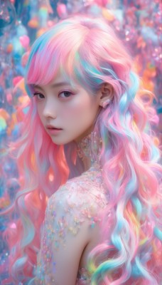 1girl,solo,long hair,looking at viewer,bangs,dress,jewelry,closed mouth,blue hair,upper body,pink hair,flower,multicolored hair,earrings,looking back,blurry,black eyes,from side,two-tone hair,lips,petals,aqua hair,makeup,blurry background,wavy hair,eyeshadow,nose,rainbow hair,bare shoulders,artist name,eyelashes,watermark,expressionless,realistic