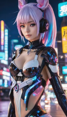 1girl,solo,long hair,breasts,looking at viewer,smile,bangs,animal ears,cleavage,medium breasts,upper body,ponytail,pink hair,multicolored hair,outdoors,blurry,two-tone hair,lips,grey eyes,bodysuit,night,depth of field,blurry background,fake animal ears,headgear,headphones,science fiction,cyberpunk,closed mouth,blue hair,small breasts,armor,animal ear headphones,neon lights