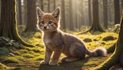 solo,looking at viewer,closed mouth,full body,outdoors,day,blurry,black eyes,tree,no humans,depth of field,blurry background,animal,sunlight,cat,grass,nature,scenery,forest,realistic,animal focus,brown eyes,signature,plant