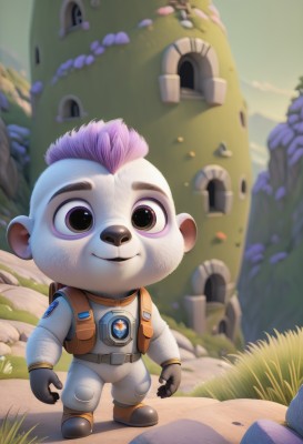 solo,smile,open mouth,gloves,1boy,animal ears,brown eyes,standing,full body,pink hair,purple hair,male focus,multicolored hair,outdoors,sky,teeth,artist name,bag,blurry,black eyes,blurry background,backpack,grass,furry,rock,furry male,spacesuit,buck teeth,astronaut,colored skin,building,realistic,house