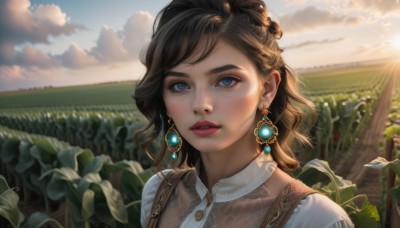 1girl,solo,long hair,looking at viewer,short hair,blue eyes,brown hair,shirt,jewelry,white shirt,upper body,flower,earrings,outdoors,parted lips,sky,teeth,day,collared shirt,cloud,blurry,vest,lips,eyelashes,makeup,depth of field,blurry background,sunlight,cloudy sky,plant,portrait,freckles,sunset,realistic,nose,sun,blush,bangs,black hair,leaf,thick eyebrows,lipstick,gem,nature,scenery,eyeshadow,backlighting,field,mascara