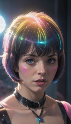 1girl,solo,looking at viewer,short hair,bangs,blue eyes,jewelry,collarbone,purple hair,multicolored hair,earrings,parted lips,choker,shiny,necklace,blurry,collar,lips,eyelashes,makeup,blurry background,piercing,lipstick,ear piercing,portrait,close-up,pendant,freckles,realistic,nose,brown hair,black hair,upper body,teeth,artist name,streaked hair,night,depth of field,black choker,bob cut,thick eyebrows,backlighting,pink lips,facepaint,mascara