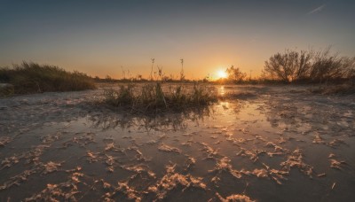 outdoors,sky,cloud,water,tree,no humans,sunlight,grass,nature,scenery,forest,reflection,sunset,sun,road,power lines,river,evening,landscape,orange sky,lens flare,horizon