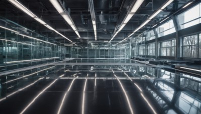 indoors,no humans,window,sunlight,building,scenery,science fiction,light rays,stairs,railing,light,ceiling,ceiling light,train station,vanishing point,1girl,solo