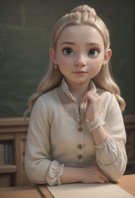 1girl,solo,long hair,looking at viewer,blonde hair,shirt,hair ornament,long sleeves,jewelry,sitting,closed mouth,white shirt,upper body,ponytail,earrings,indoors,hand up,necklace,blurry,black eyes,lips,grey eyes,book,eyelashes,buttons,depth of field,blurry background,table,forehead,desk,freckles,classroom,pencil,chalkboard,hair pulled back,smile,brown hair,green eyes,collared shirt,wrist cuffs,thick eyebrows,blouse,realistic,nose