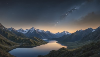 outdoors,sky,cloud,water,tree,no humans,night,star (sky),nature,night sky,scenery,forest,starry sky,reflection,sunset,mountain,river,landscape,mountainous horizon,lake