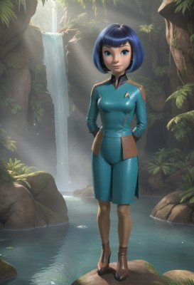 1girl,solo,breasts,looking at viewer,smile,short hair,bangs,blue eyes,skirt,black hair,long sleeves,medium breasts,closed mouth,blue hair,standing,full body,pantyhose,small breasts,boots,outdoors,day,shiny,water,uniform,lips,blue skirt,military,bodysuit,military uniform,watermark,brown footwear,arms behind back,sunlight,bob cut,nature,forest,light rays,rock,ankle boots,waterfall,stream,skin tight,web address,sunbeam