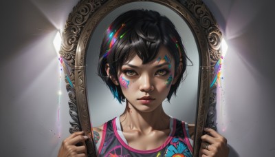 1girl,solo,looking at viewer,short hair,bangs,shirt,black hair,holding,bare shoulders,brown eyes,closed mouth,collarbone,yellow eyes,upper body,sleeveless,artist name,signature,dark skin,dark-skinned female,lips,hands up,tattoo,makeup,facial mark,tank top,portrait,reflection,mirror,sportswear,nose,facepaint,looking at mirror,jewelry,piercing,ring,eyeshadow,facial tattoo,dirty,nose piercing