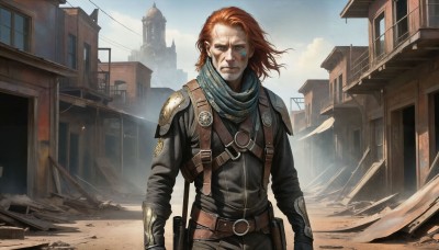 HQ,solo,looking at viewer,blue eyes,brown hair,long sleeves,1boy,closed mouth,standing,upper body,weapon,male focus,red hair,outdoors,sky,day,belt,medium hair,scarf,orange hair,armor,tattoo,facial hair,scar,facial mark,shoulder armor,building,beard,scar on face,city,realistic,scar across eye,ruins,facial tattoo,debris,manly