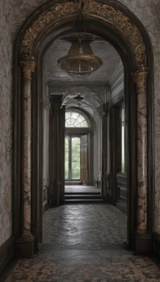 day,indoors,no humans,window,sunlight,scenery,stairs,door,architecture,pillar,ceiling,hallway,church,arch,chandelier,column,tree,fantasy,wall