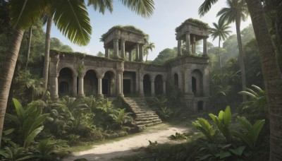 outdoors,sky,day,tree,blue sky,no humans,beach,sunlight,grass,plant,building,nature,scenery,stairs,palm tree,bush,ruins,pillar,cloud,forest,shade,path,arch,overgrown,garden