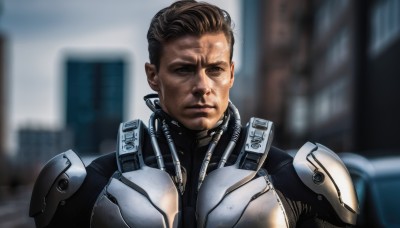 solo,looking at viewer,short hair,brown hair,1boy,brown eyes,closed mouth,upper body,male focus,outdoors,armor,blurry,blurry background,building,portrait,science fiction,realistic,cyborg,cyberpunk,black hair,bodysuit,serious,pilot suit,spacesuit