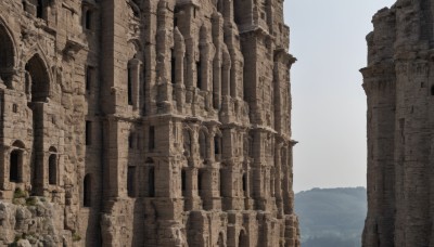 outdoors,sky,day,cloud,water,tree,no humans,building,scenery,ruins,pillar,arch,blue sky,ocean,fantasy,architecture,bridge,castle,landscape,cliff